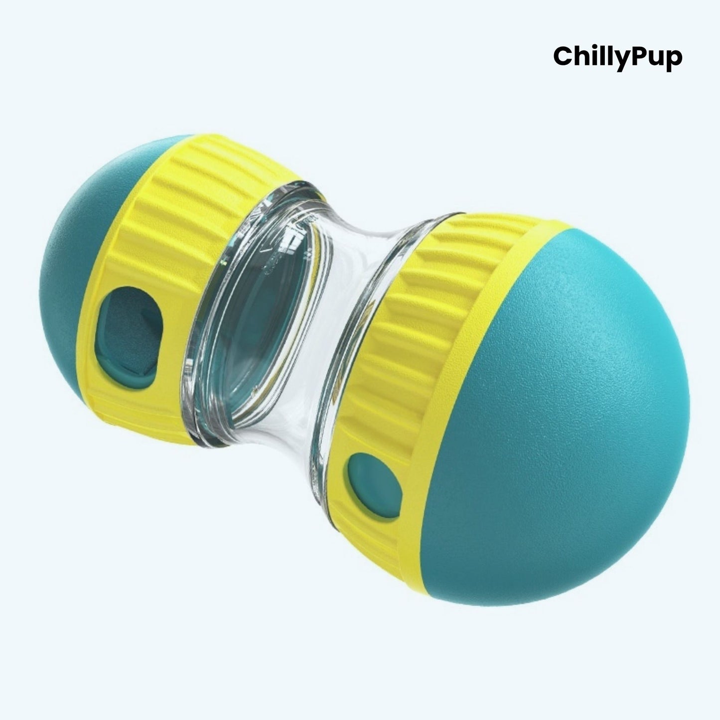 Teal and yellow pet toy with 'ChillyPup' branding on a white background