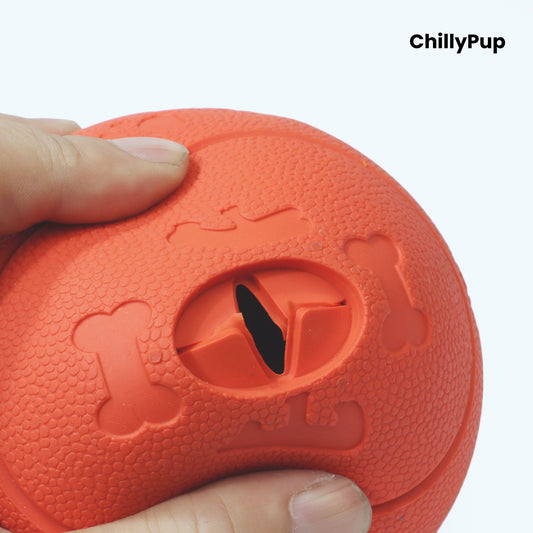 Treat Dispensing Enrichment Ball on a white background with Chillypup branding