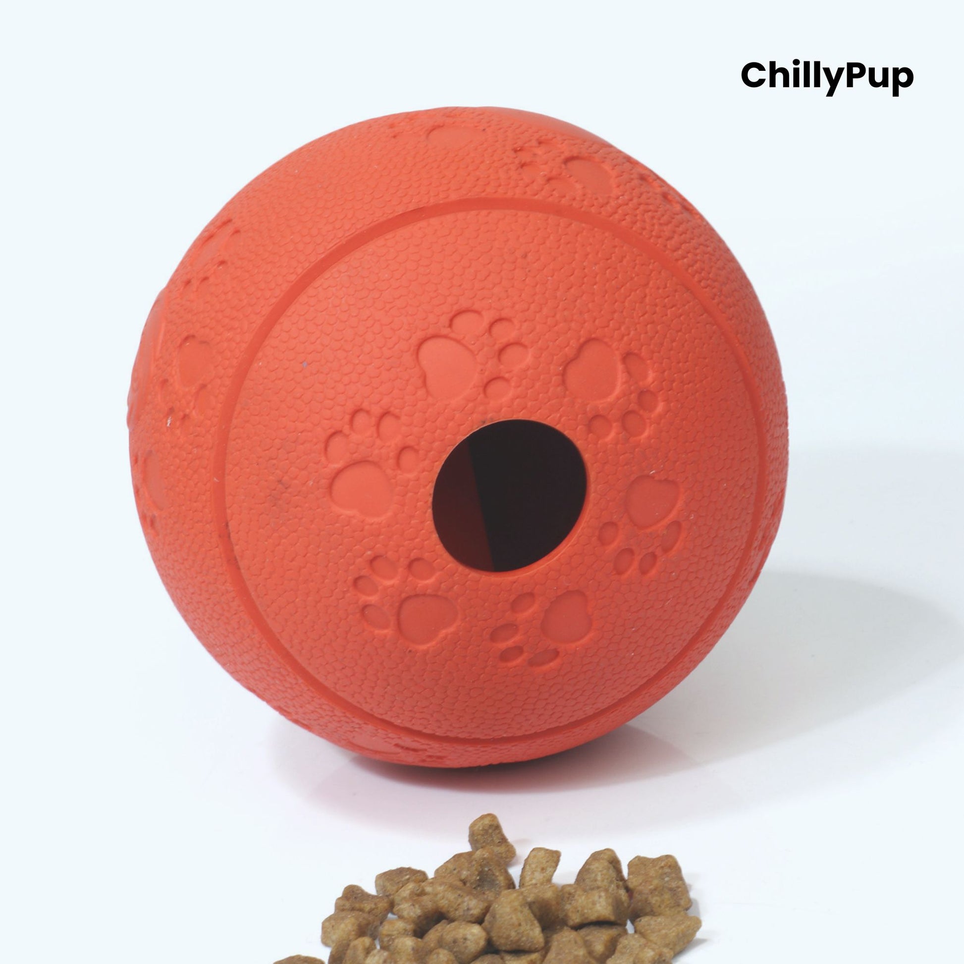Treat Dispensing Enrichment Ball on a white background with Chillypup branding