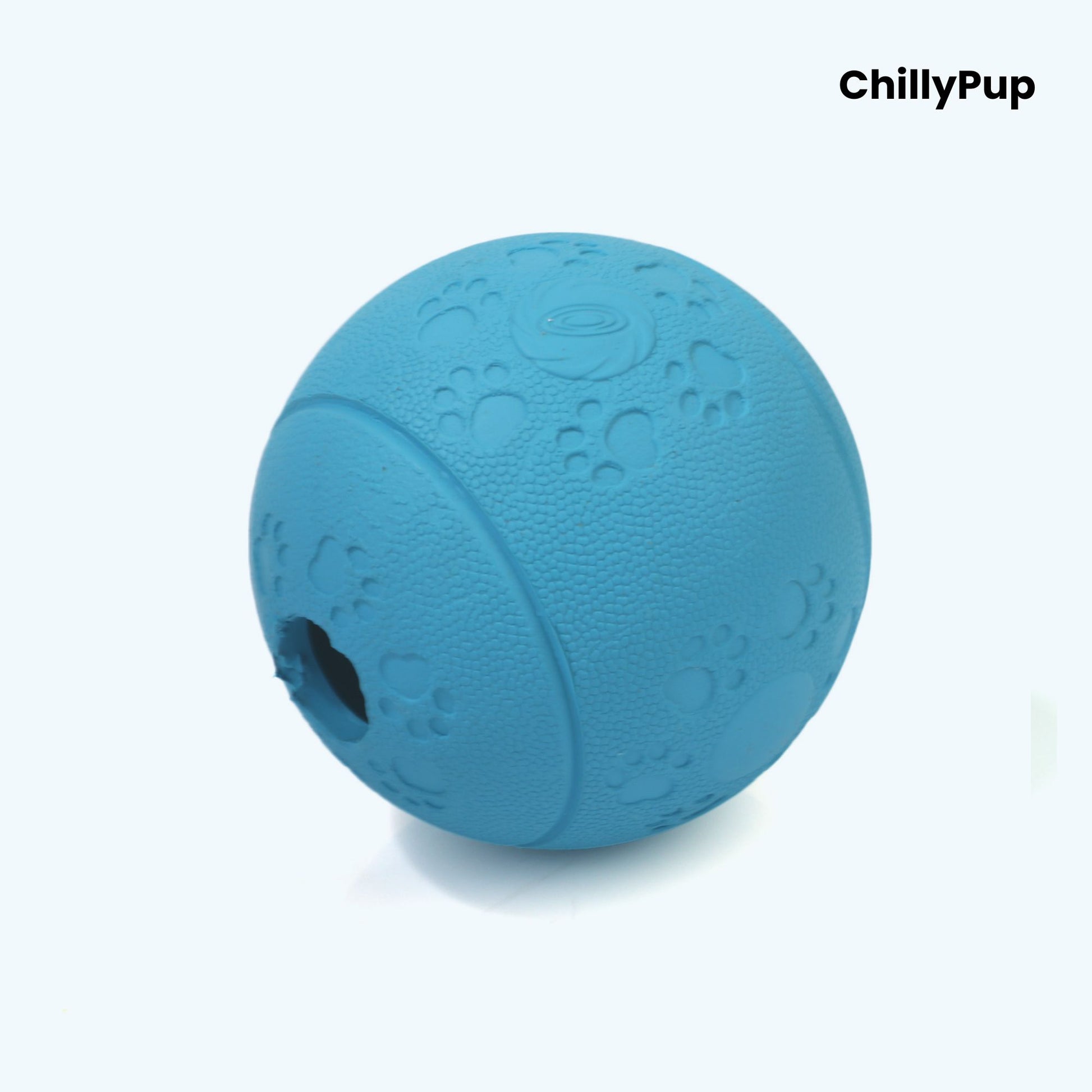 Treat Dispensing Enrichment Ball on a white background with Chillypup branding