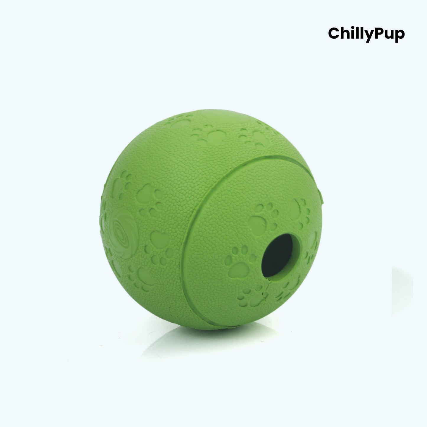 Treat Dispensing Enrichment Ball on a white background with Chillypup branding