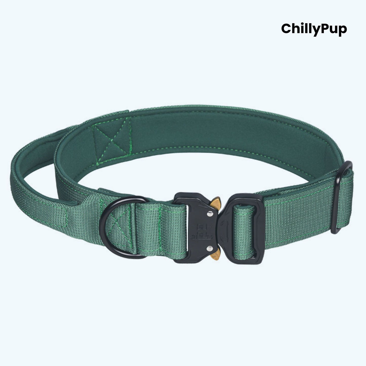 Green dog collar with black hardware on a white background, branded 'ChillyPup'.