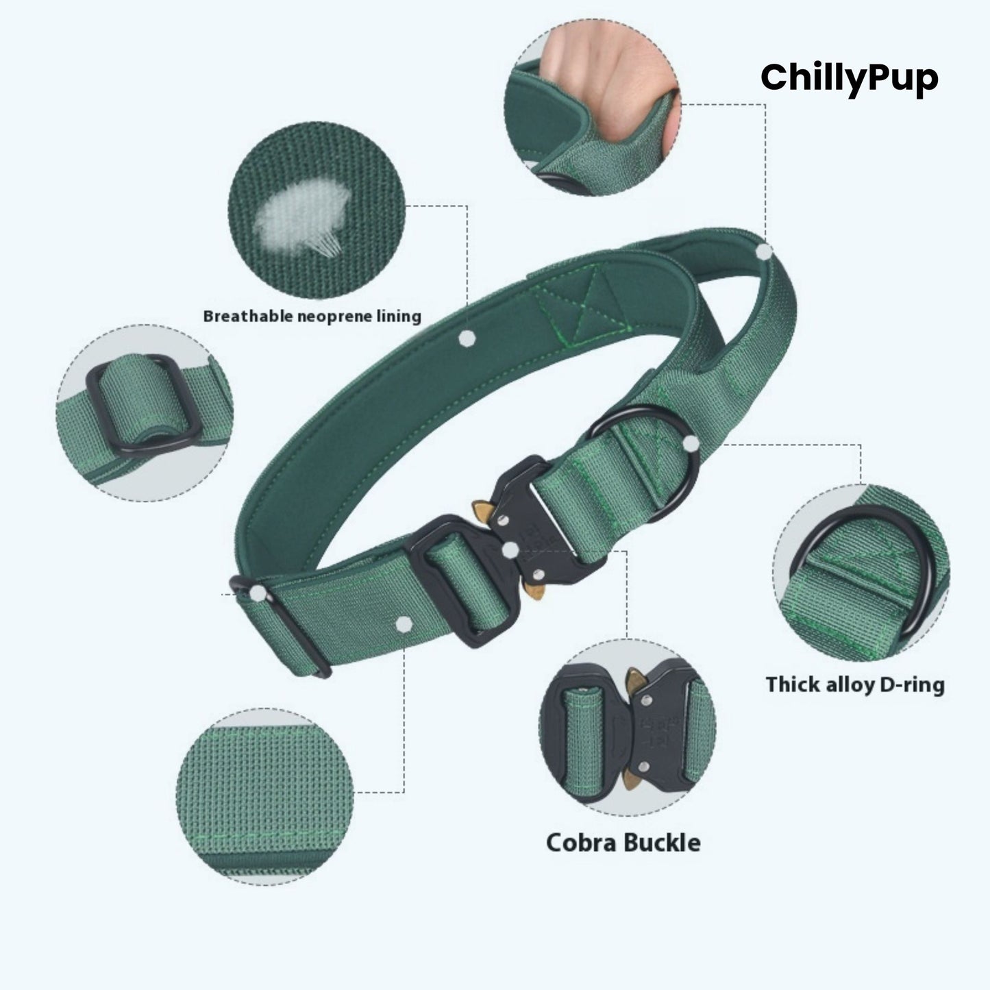 Green dog collar with features highlighted, branded 'ChillyPup'.