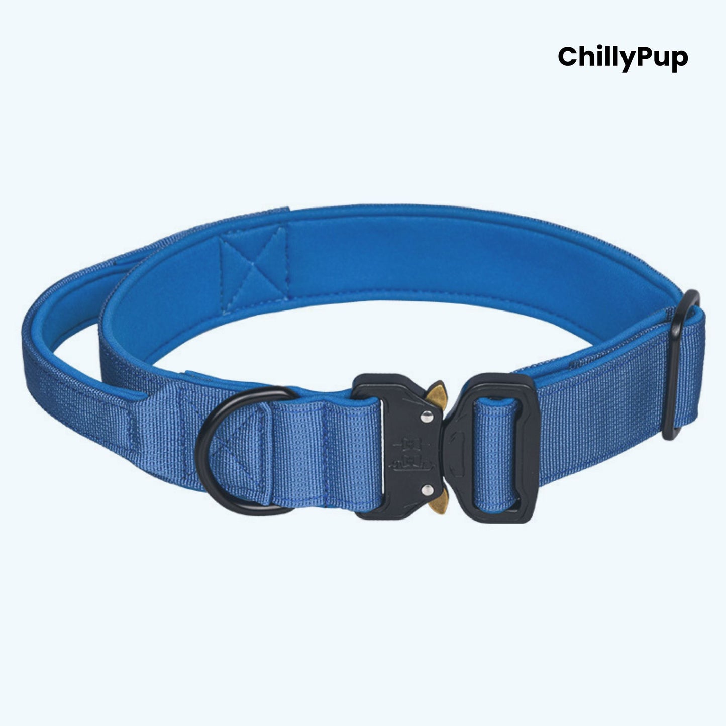 Blue dog collar with black hardware on a white background, branded 'ChillyPup'.