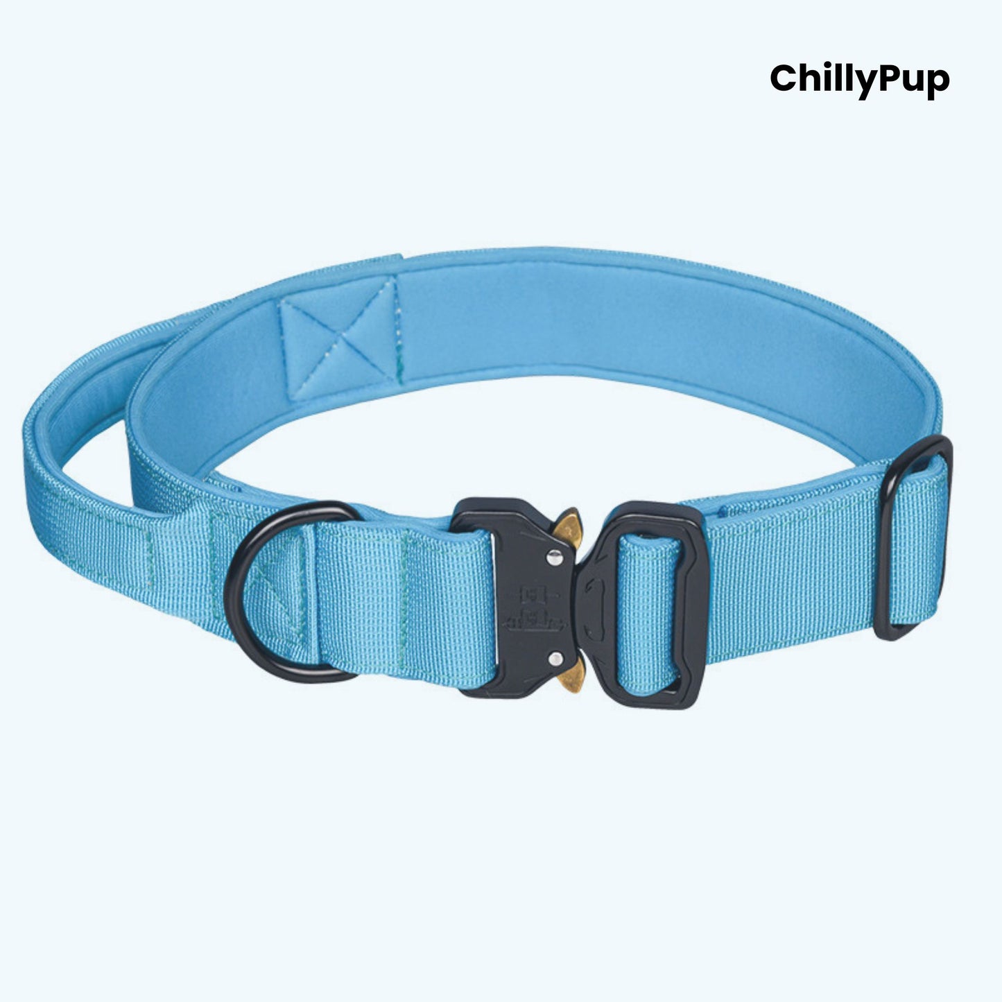Blue dog collar with black hardware on a white background, branded 'ChillyPup'.