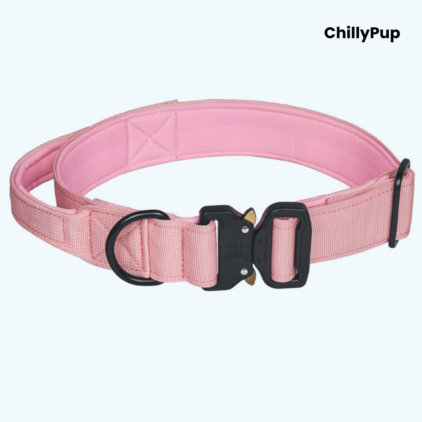 Pink dog collar with black hardware on a white background, branded 'ChillyPup'.