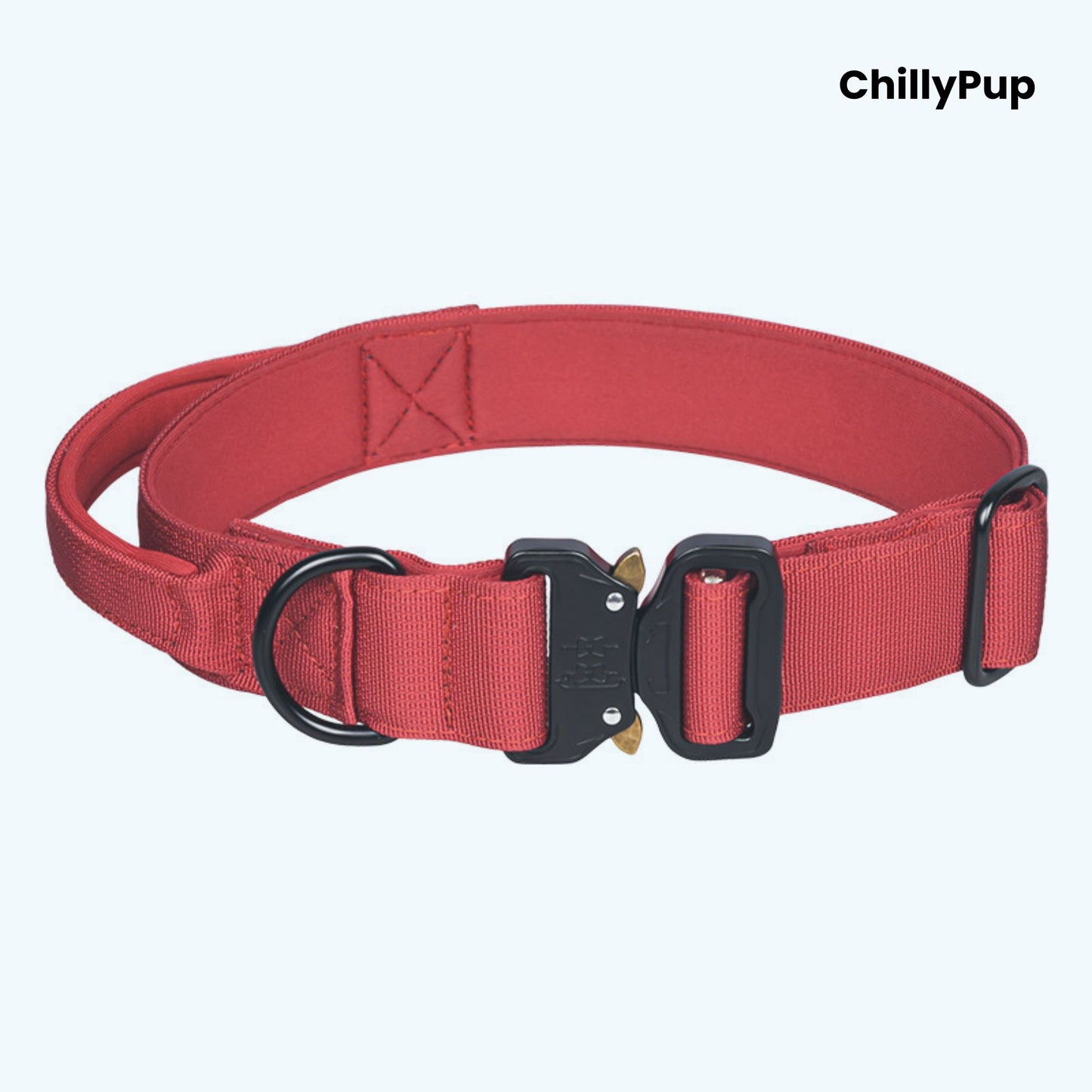 Red dog collar with black hardware on a white background, branded 'ChillyPup'.