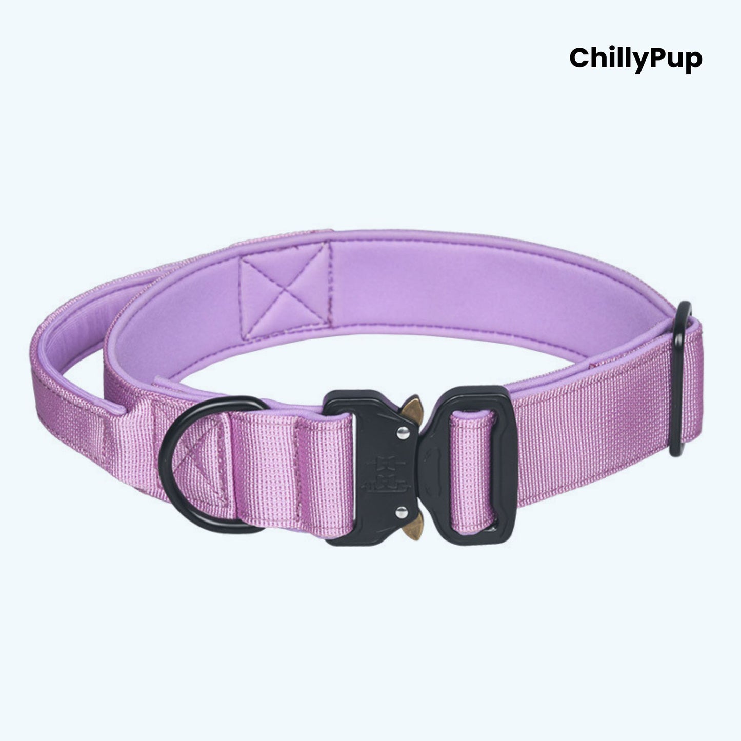 Purple dog collar with black hardware on a white background, branded 'ChillyPup'.