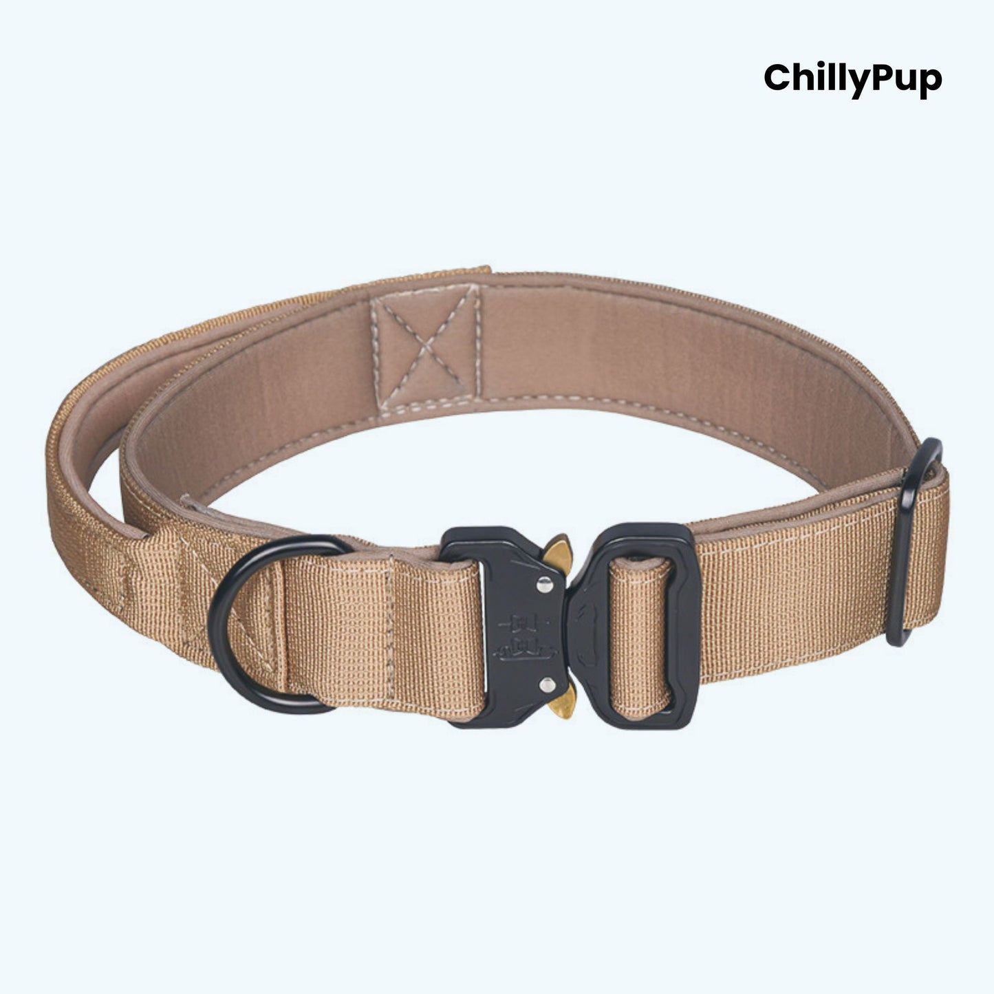 Brown dog collar with black hardware on a white background, branded 'ChillyPup'.