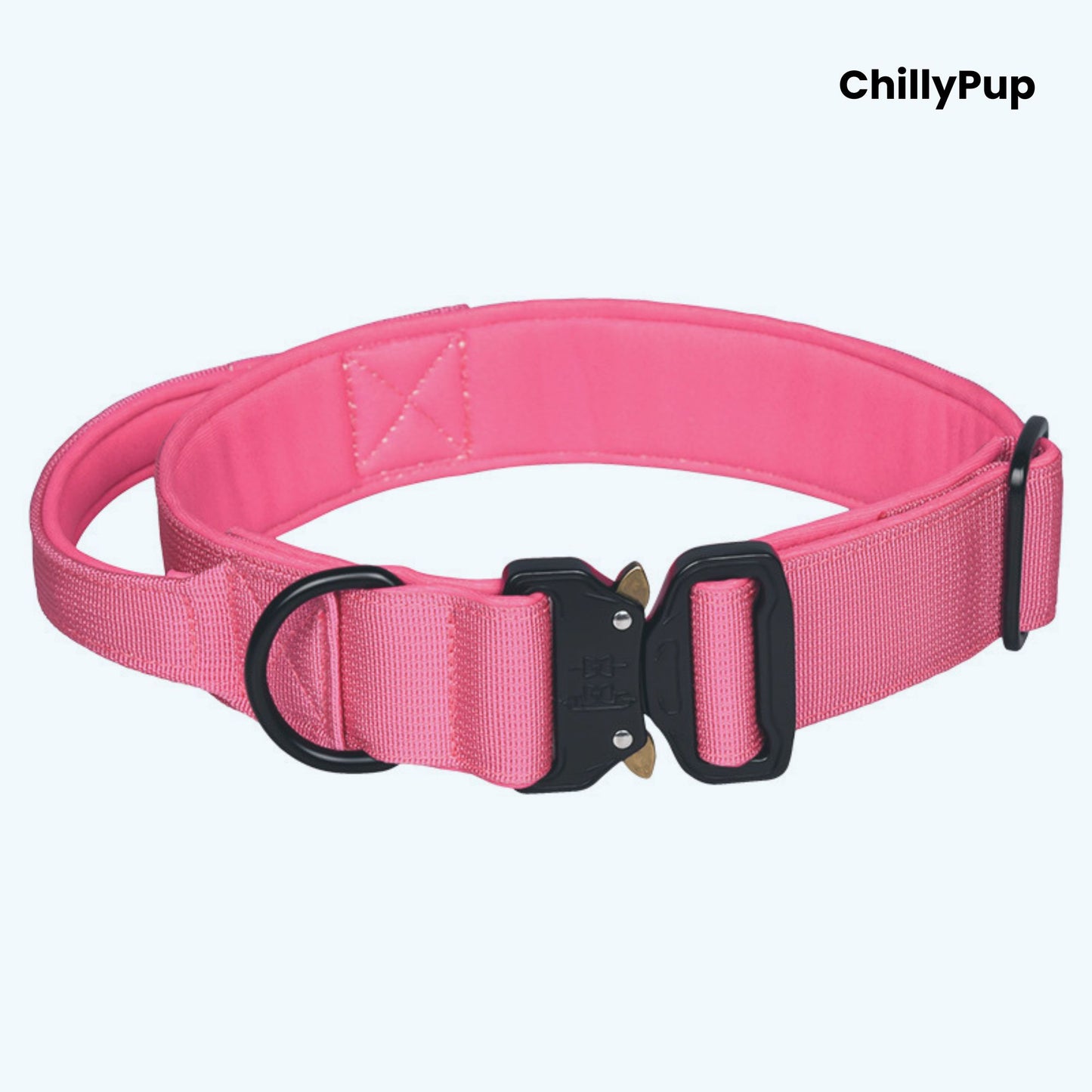 Pink dog collar with black hardware on a white background, branded 'ChillyPup'.