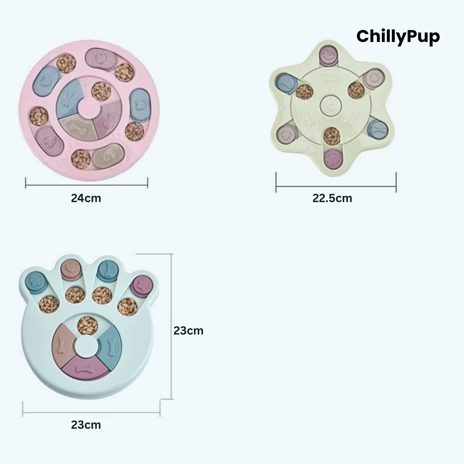 Three dog puzzle toys with food compartments on a white background, branded 'ChillyPup'.