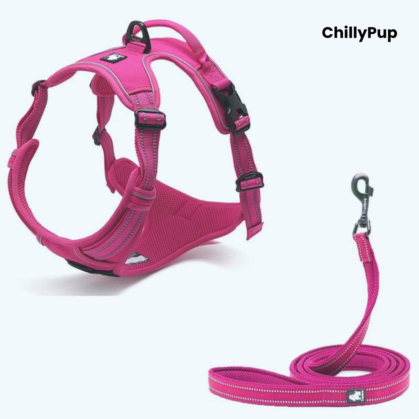 Pink dog harness and lead set with 'ChillyPup' branding on a white background