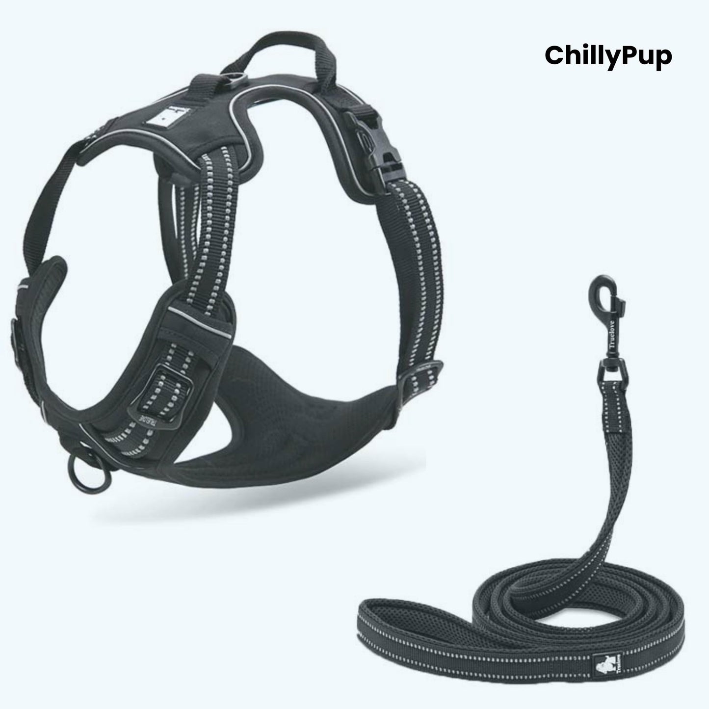 Black dog harness and lead set with 'ChillyPup' branding on a white background