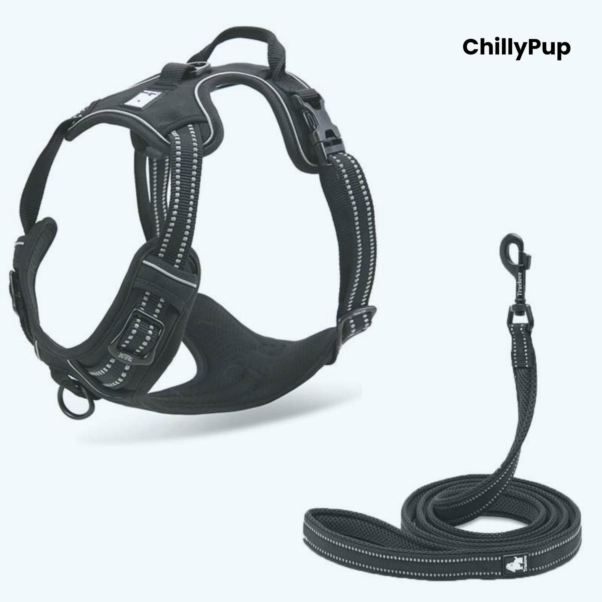 Black dog harness and lead set with 'ChillyPup' branding on a white background
