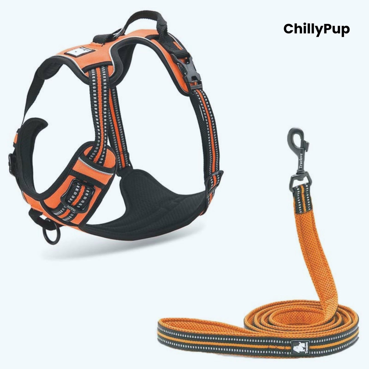 Orange and black dog harness and lead set with 'ChillyPup' branding on a white background