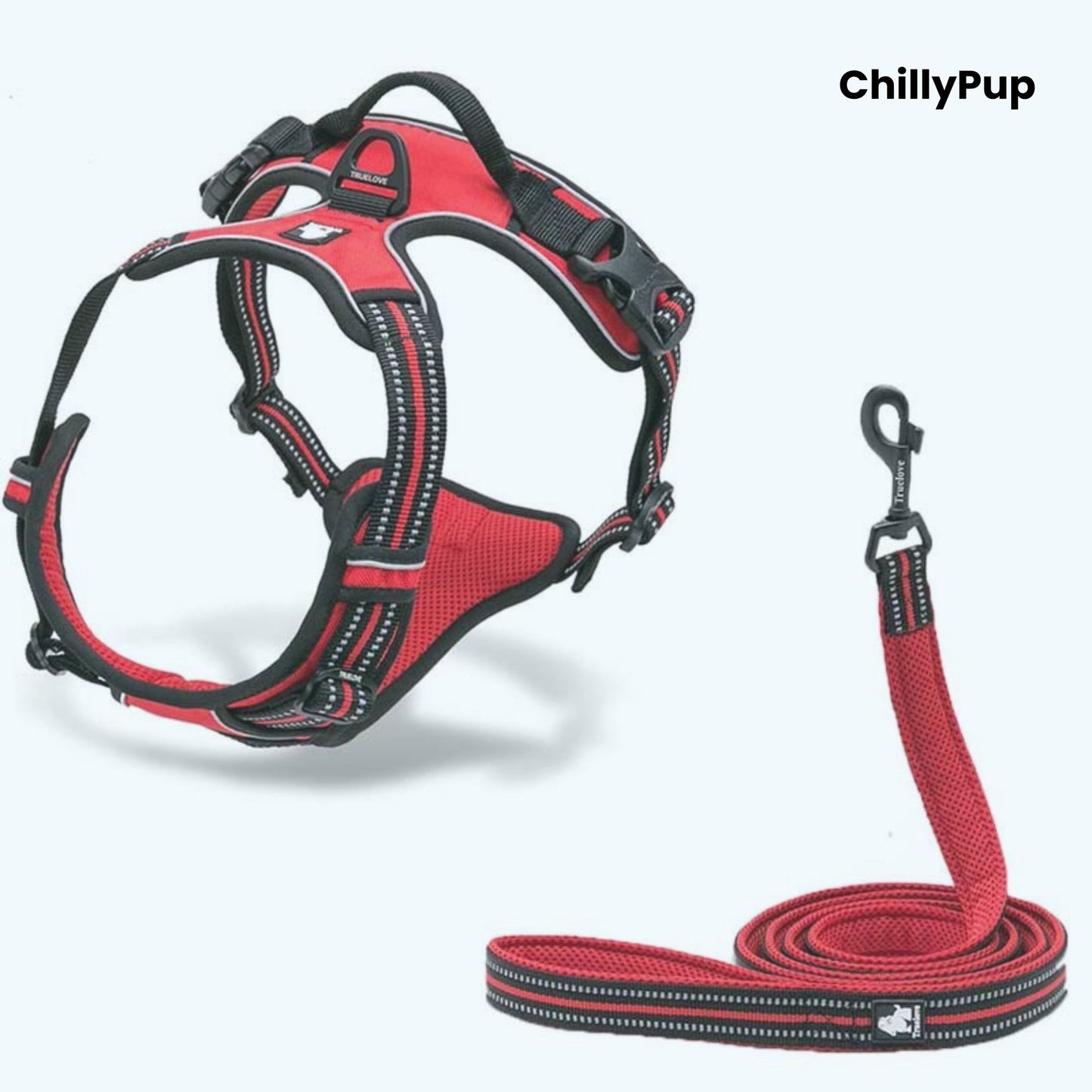 Red and black dog harness and lead set with 'ChillyPup' branding on a white background