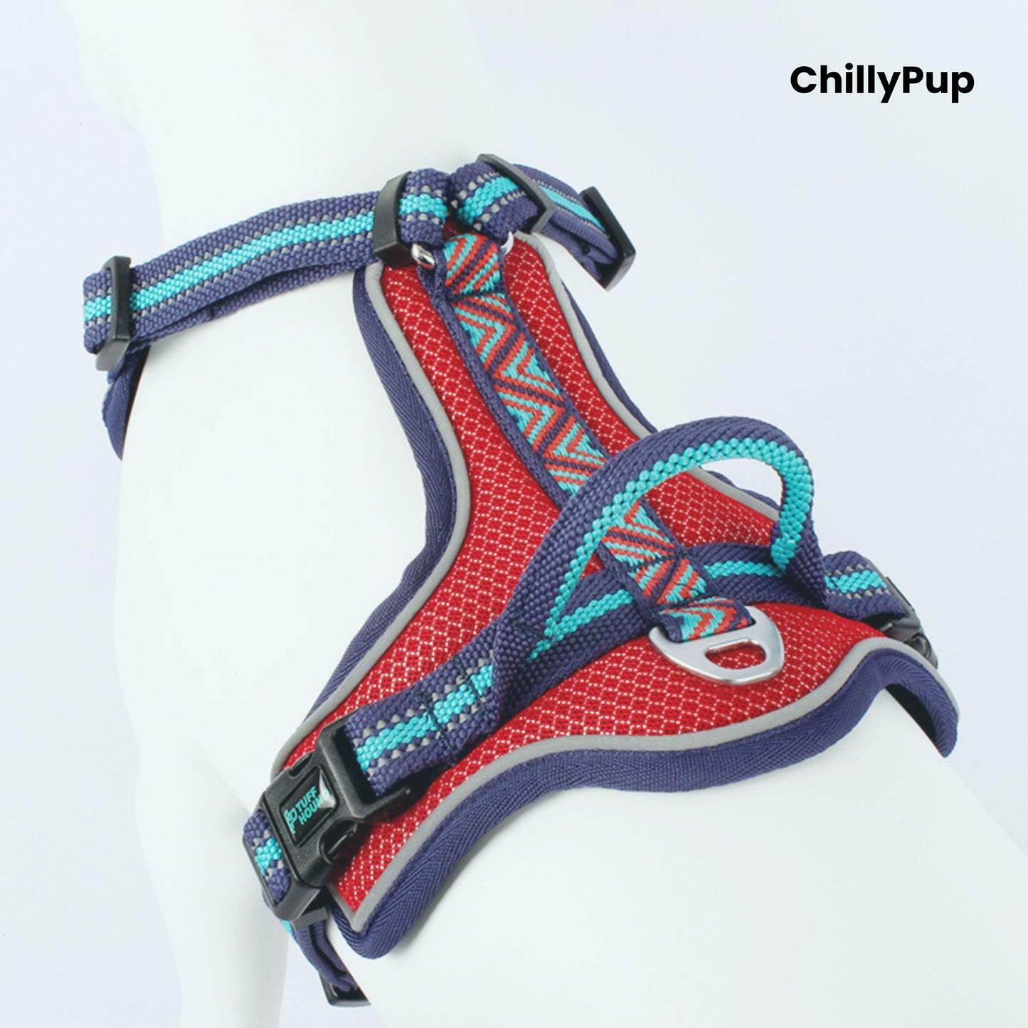 Dog harness with red and blue pattern on a white background, branded 'ChillyPup'.