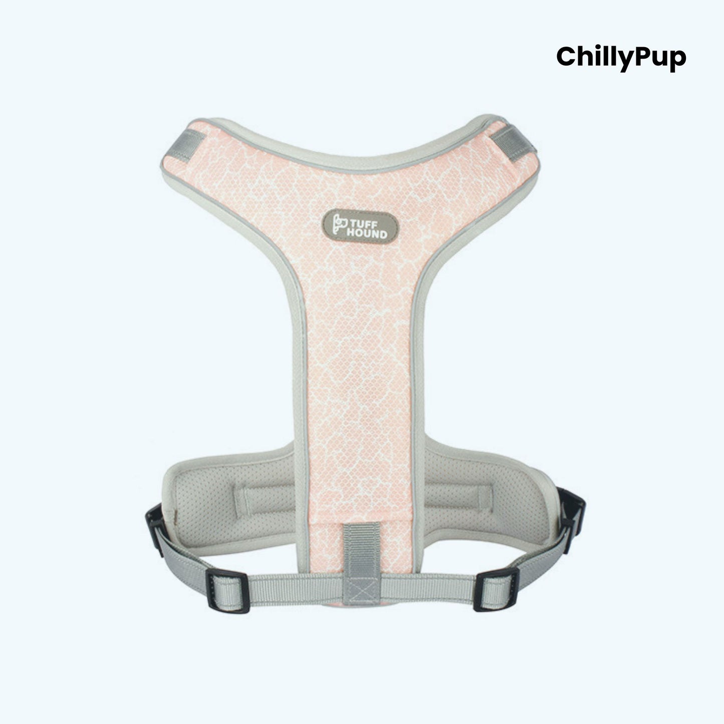 Pink and blue dog harness with 'Tuff Hound' label on a white background, branded 'ChillyPup'.