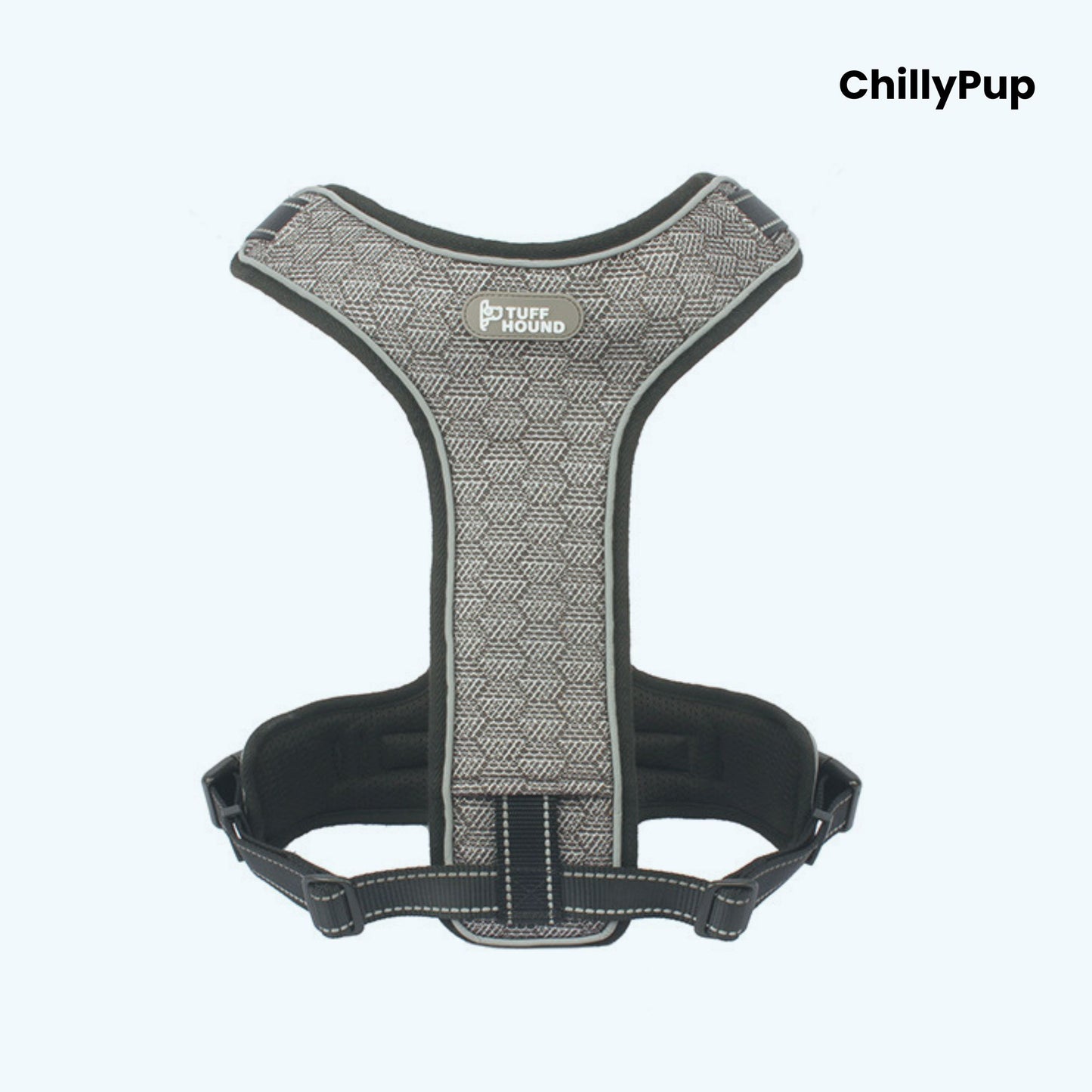 Grey dog harness with 'Tuff Hound' label on a white background, branded 'ChillyPup'.