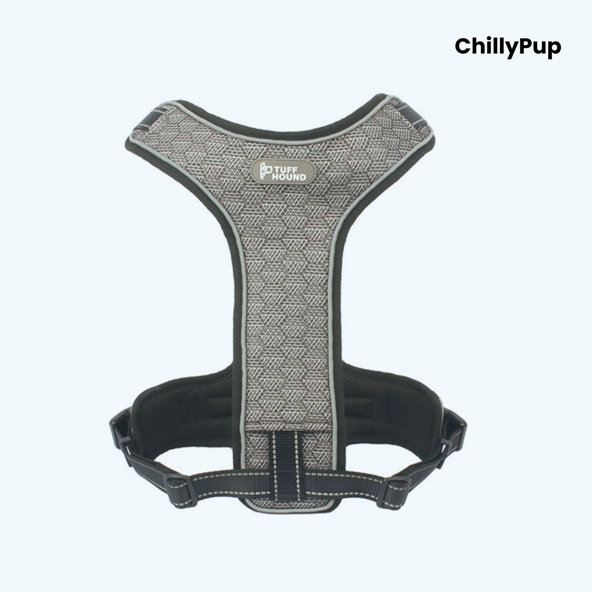 Grey dog harness with 'Tuff Hound' label on a white background, branded 'ChillyPup'.