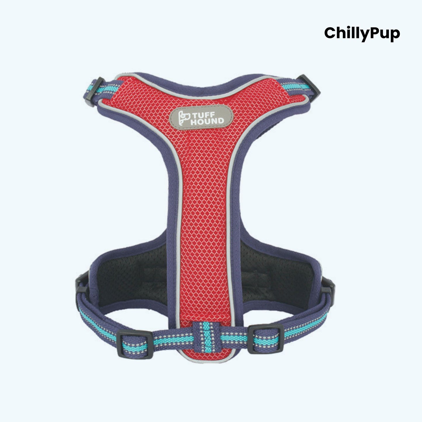 Red and blue dog harness with 'Tuff Hound' label on a white background, branded 'ChillyPup'.