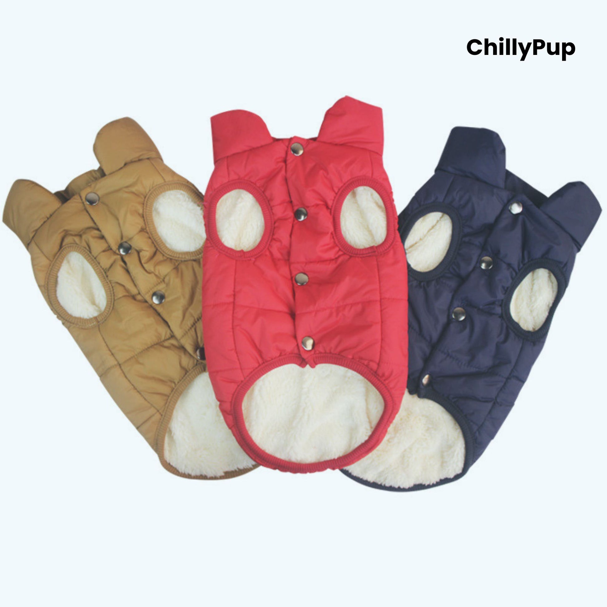 Ultra-Warm Padded Dog Coat with ChillyPup branding on a white background