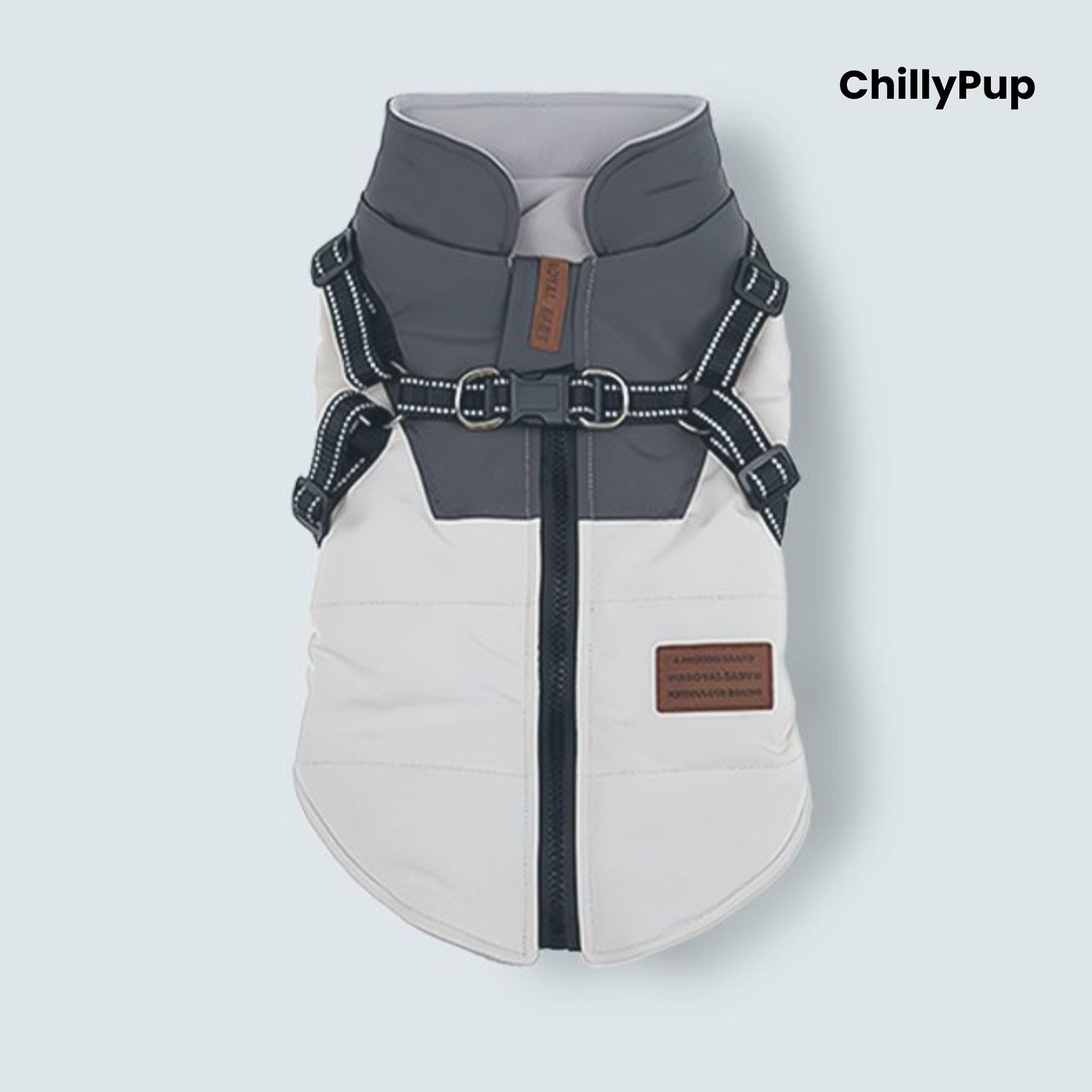Dog coat with harness on a light grey background, branded 'ChillyPup'.