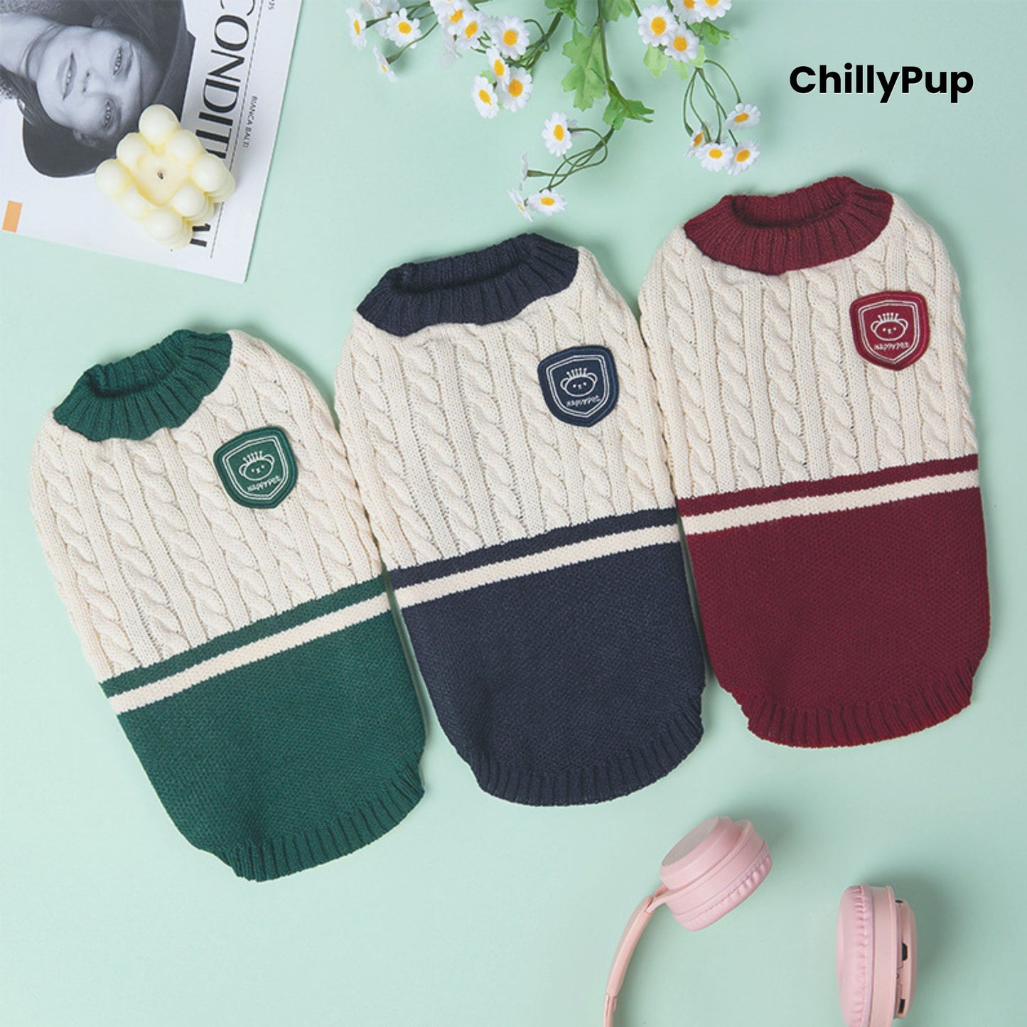 Three dog sweaters in green, cream, and red on a light green background with 'ChillyPup' branding.