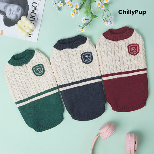 Three dog sweaters in green, cream, and red on a light green background with 'ChillyPup' branding.