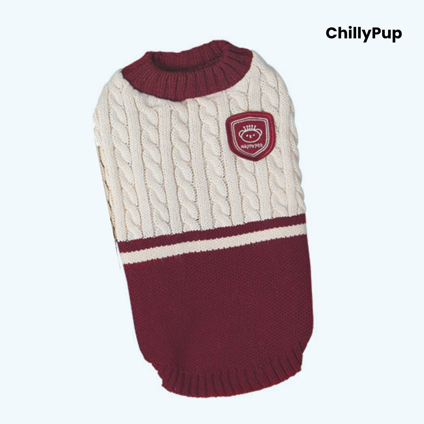 Red and cream dog sweater with a logo on a white background, branded 'ChillyPup'.