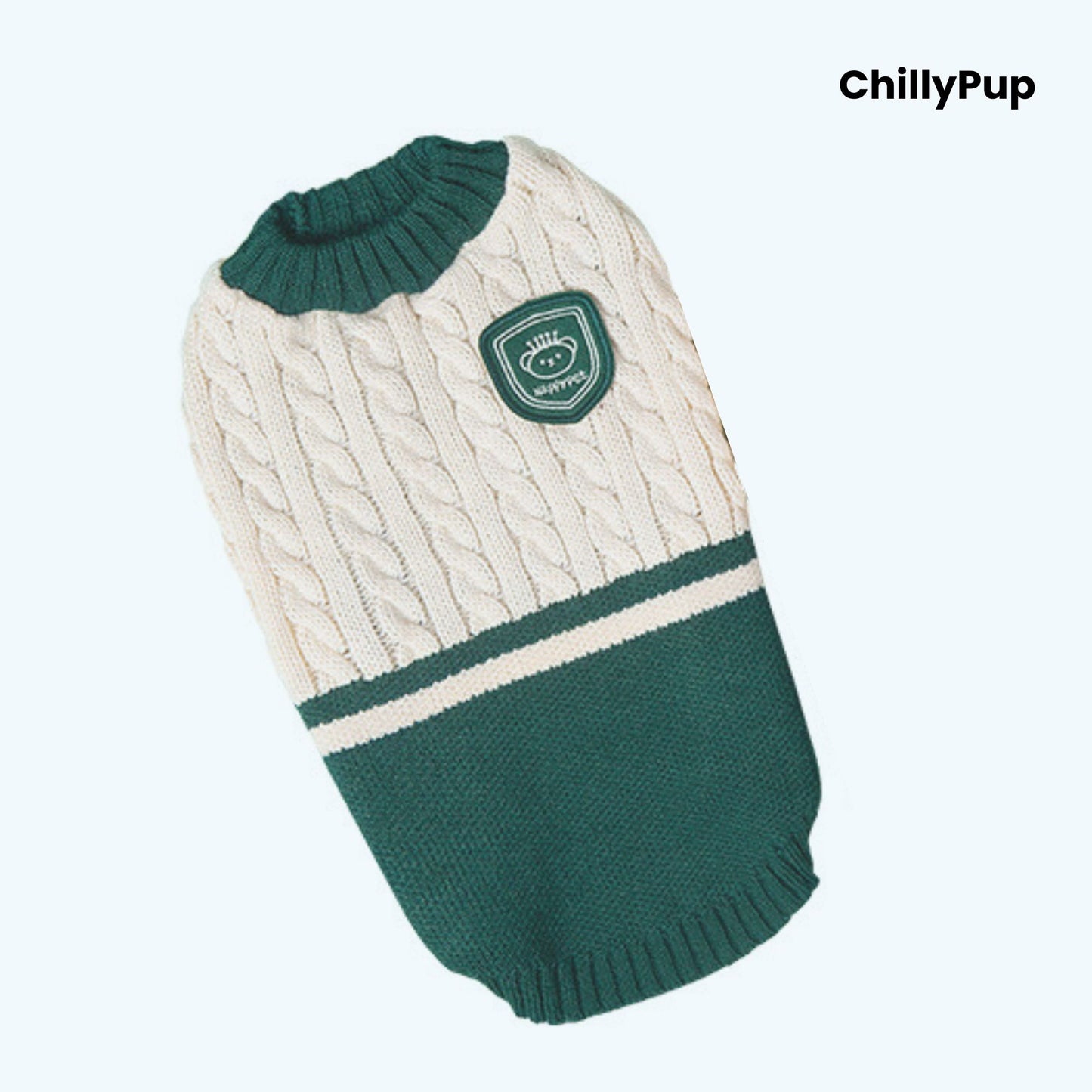 Green and cream knitted dog sweater with a logo on a white background, branded 'ChillyPup'.
