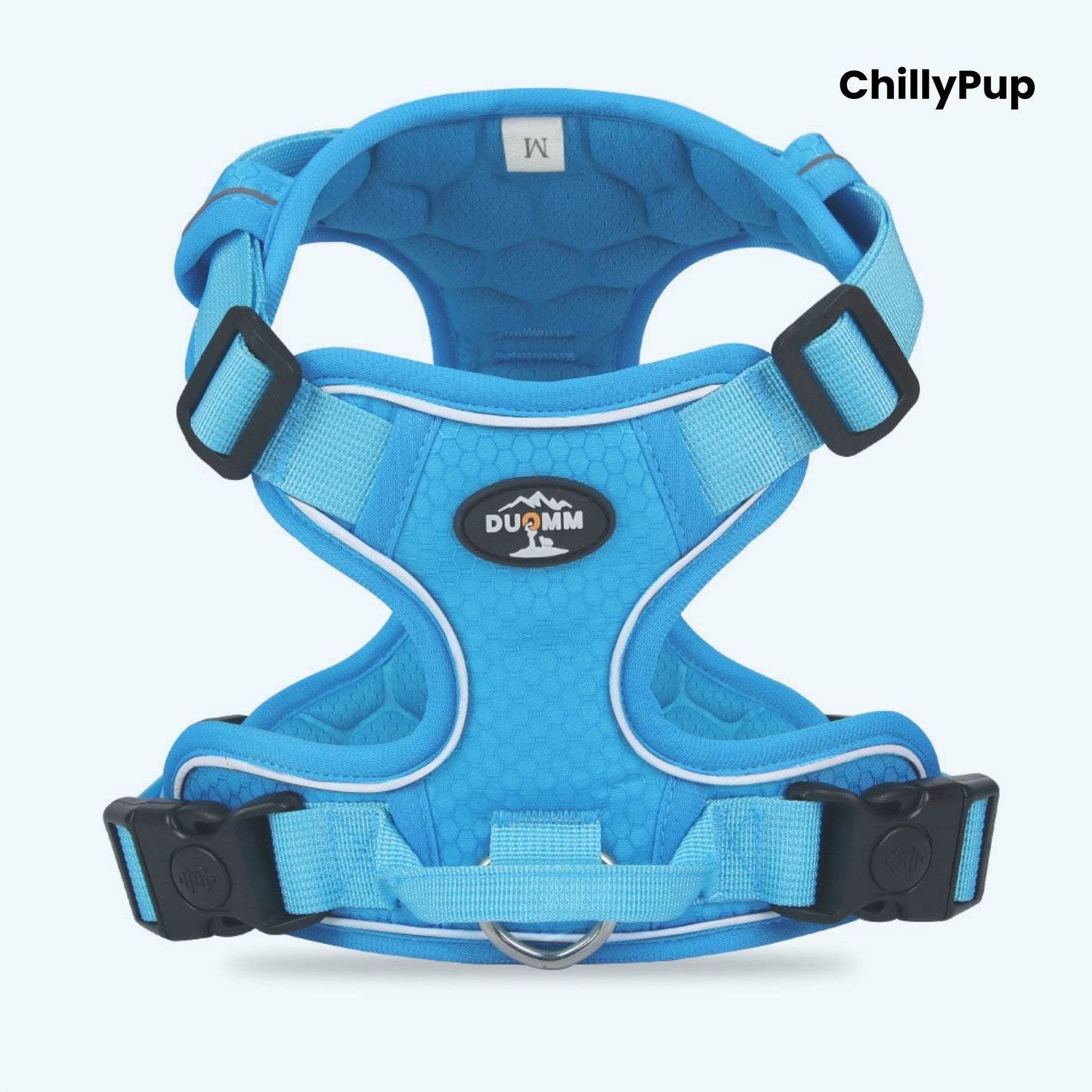Blue dog harness with visible branding ChillyPup on a white background