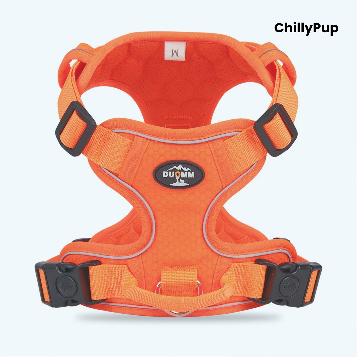 Orange dog harness with visible branding ChillyPup on a white background