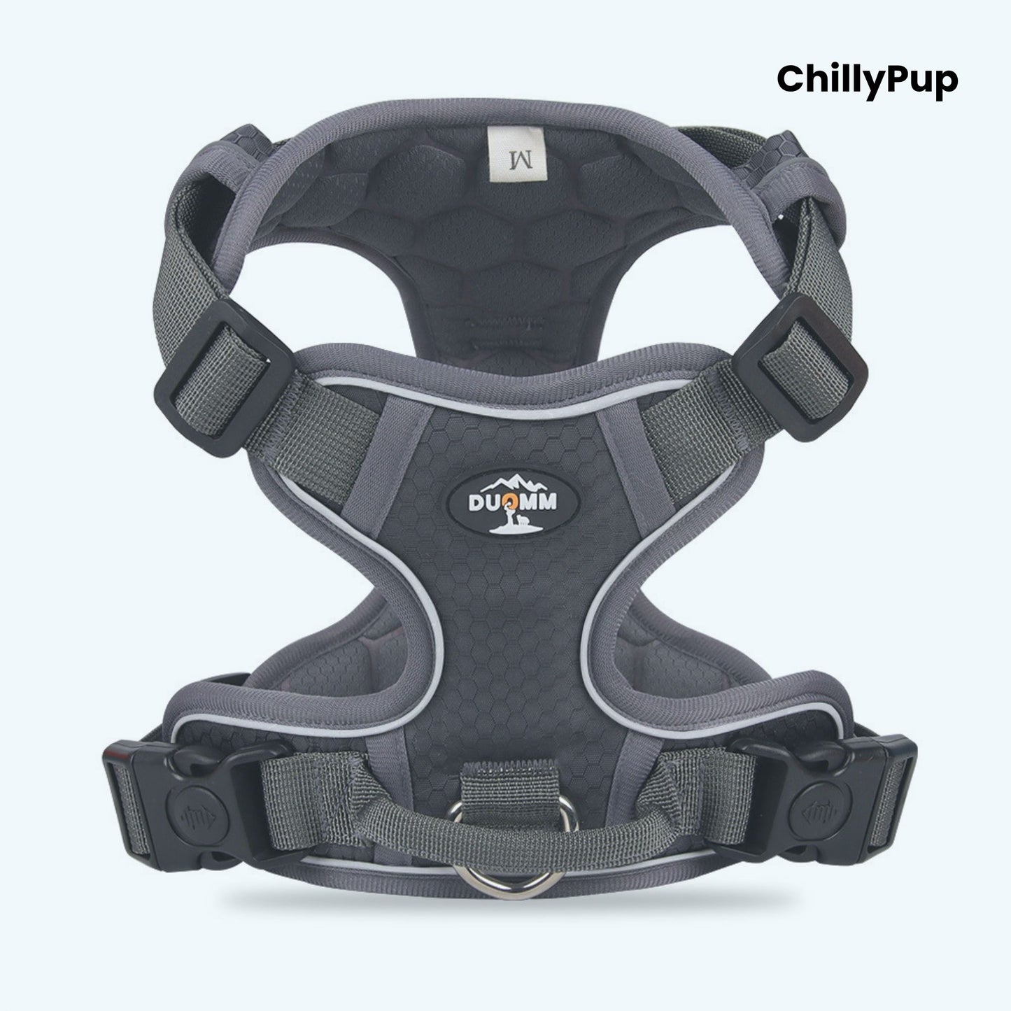 Black dog harness with visible branding ChillyPup on a white background