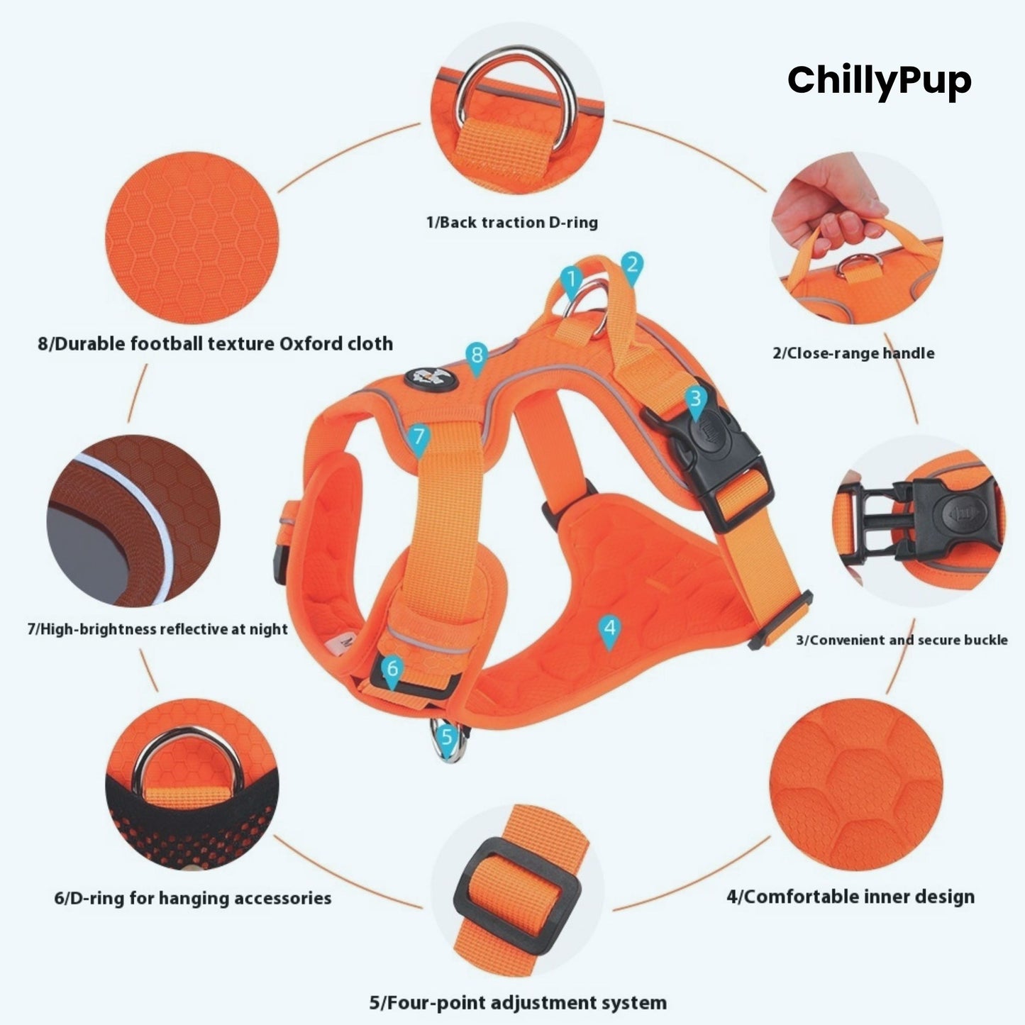 Orange dog harness with features highlighted on a white background, branded 'ChillyPup'.