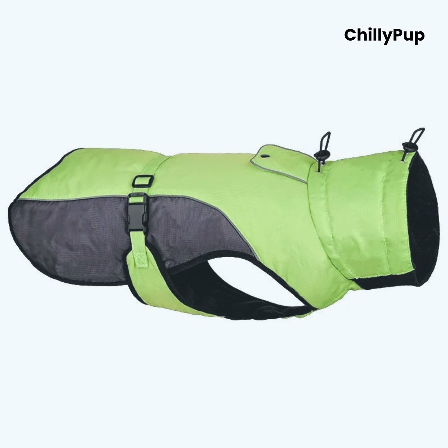 Green and grey dog coat with 'ChillyPup' branding on a white background
