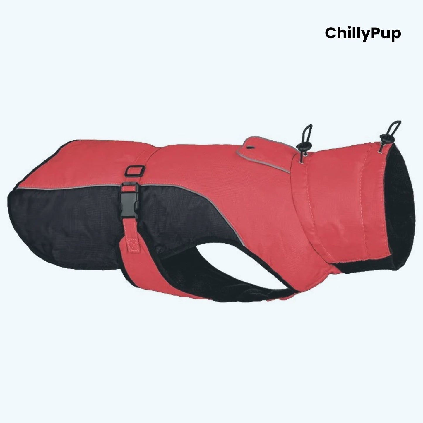 Red and grey dog coat with 'ChillyPup' branding on a white background