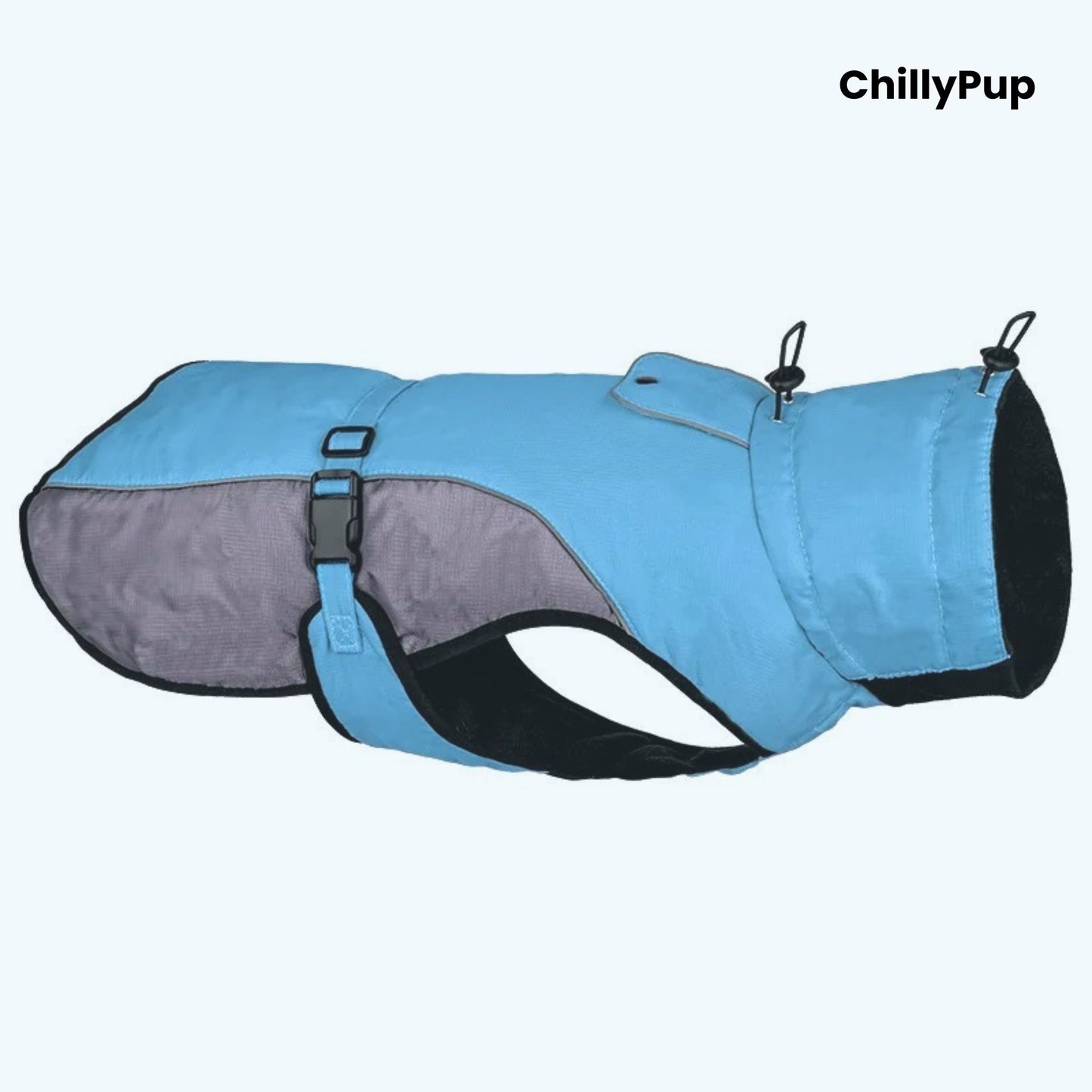 Blue and grey dog coat with 'ChillyPup' branding on a white background
