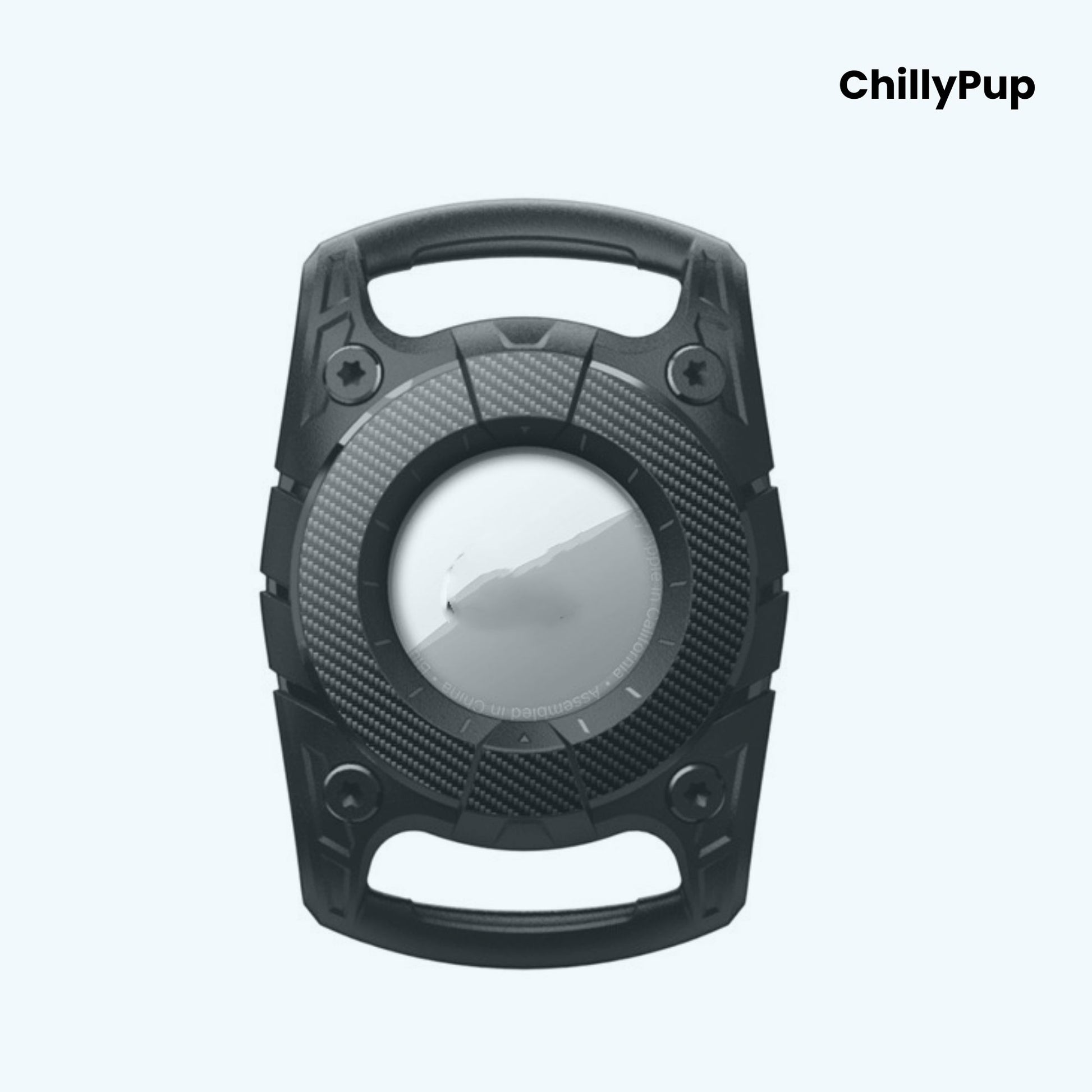 Black dog Airtag holder with handle on a white background, branded 'ChillyPup'.