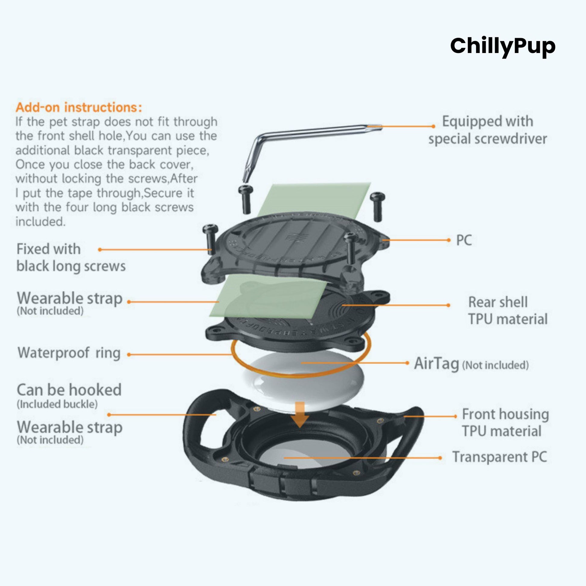 Technical diagram of ChillyPup product with labeled parts and text on a white background