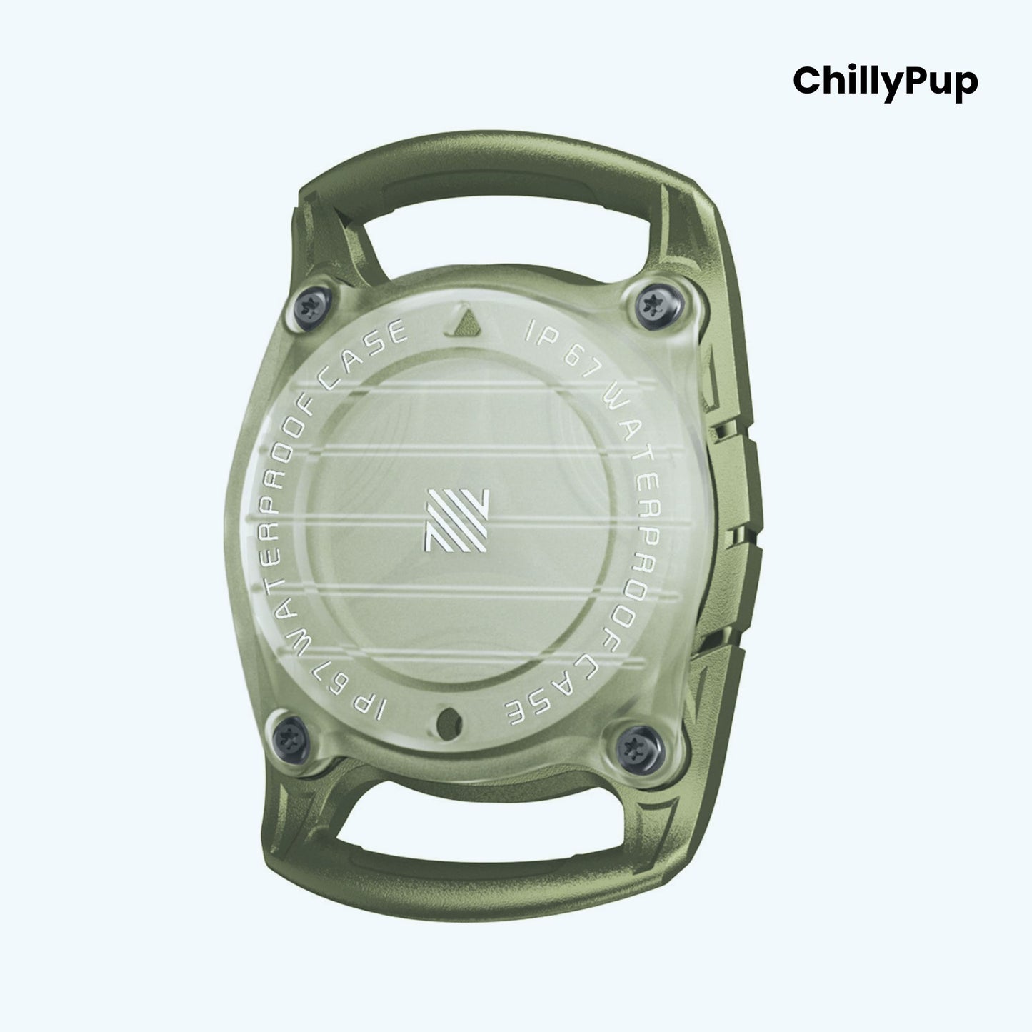 Green waterproof case with 'ChillyPup' branding on a light blue background