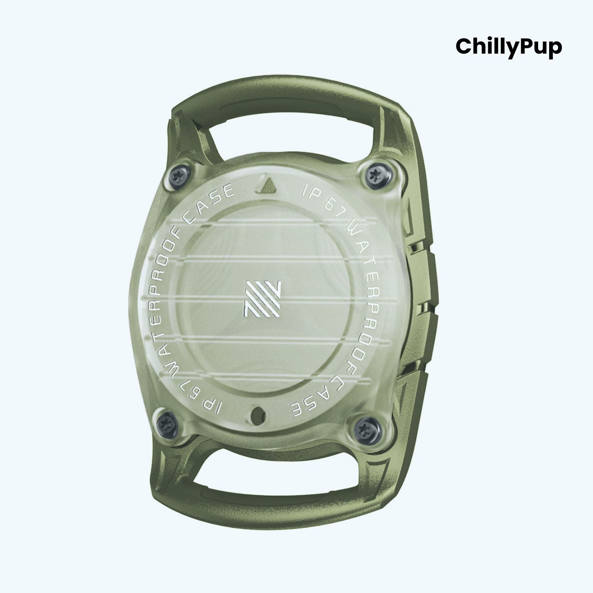 Green waterproof case with 'ChillyPup' branding on a light blue background