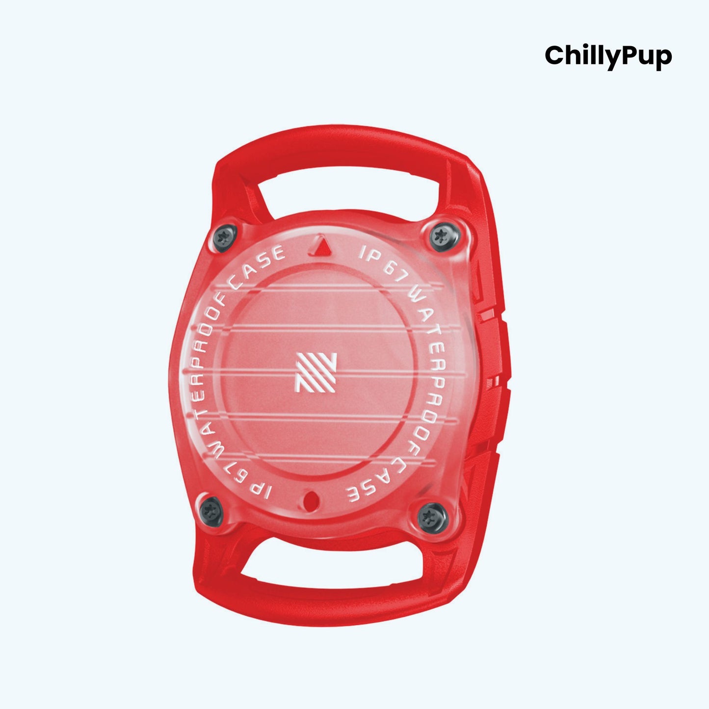 Red waterproof case with 'ChillyPup' branding on a light blue background