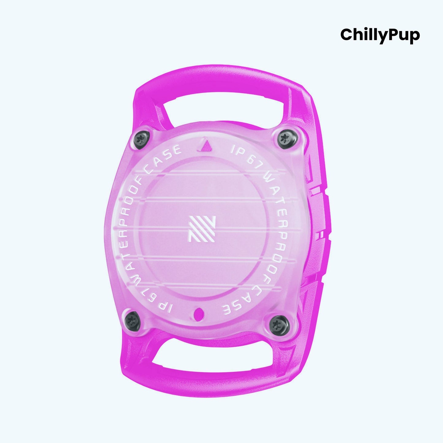 Pink waterproof case with 'ChillyPup' branding on a light blue background