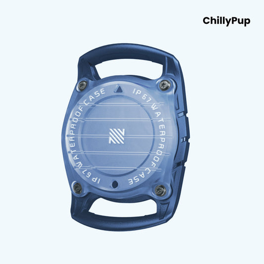 Blue waterproof case with 'ChillyPup' branding on a light blue background