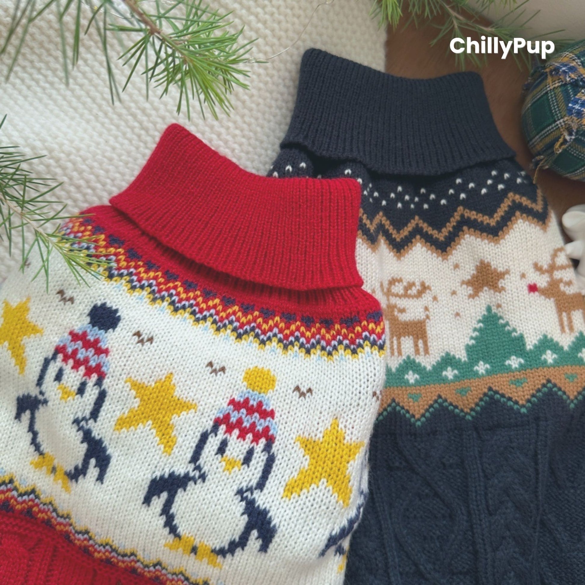 Two dog jumpers with festive patterns on a wooden surface, branded 'ChillyPup'.