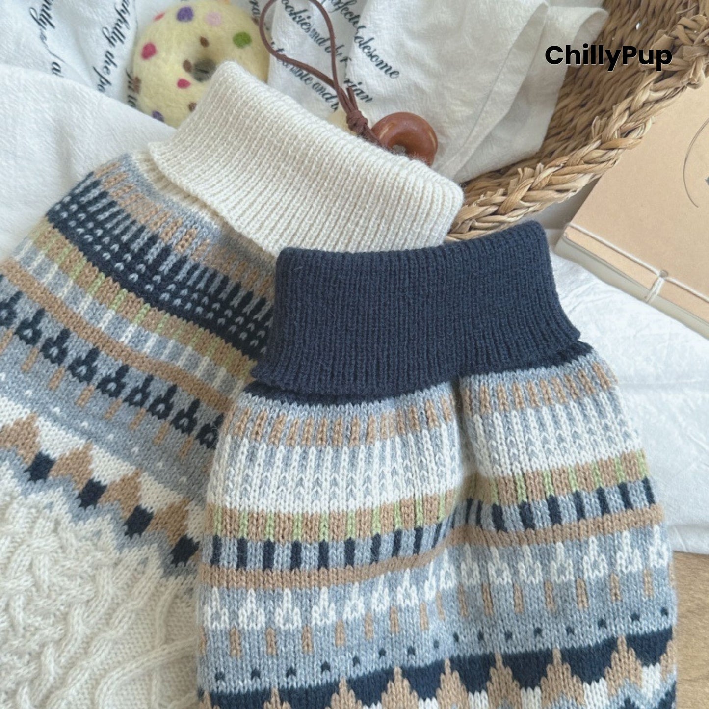 Pair of knitted dog sweaters with patterned design on a wooden surface, brand 'ChillyPup' visible.