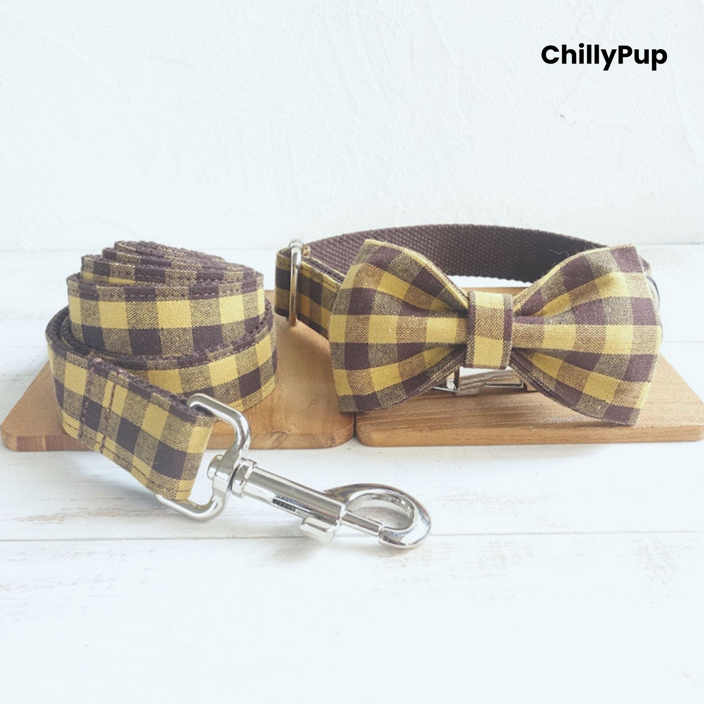 Yellow Check Collar, Lead & Bow Set with metal clip on a textured white background, branded 'ChillyPup'.