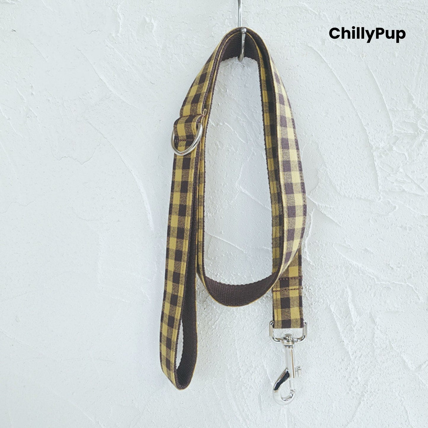 Yellow Check Collar, Lead & Bow Set with metal clip on a textured white background, branded 'ChillyPup'.