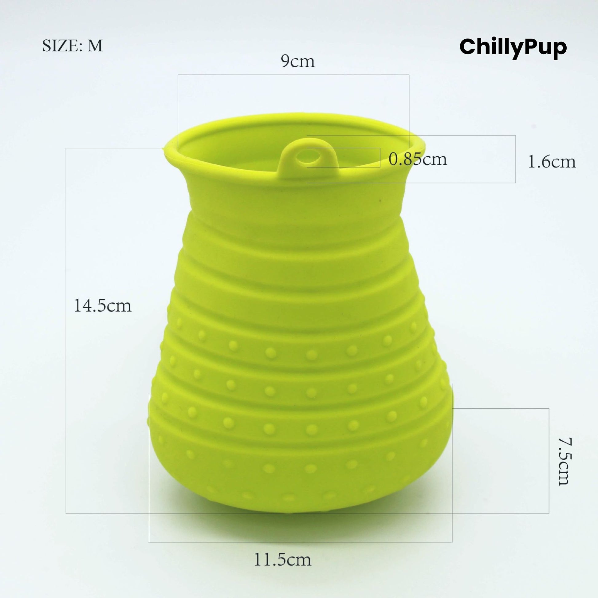 Yellow silicone dog Paw cleaner with measurements with 'ChillyPup' branding on a white background